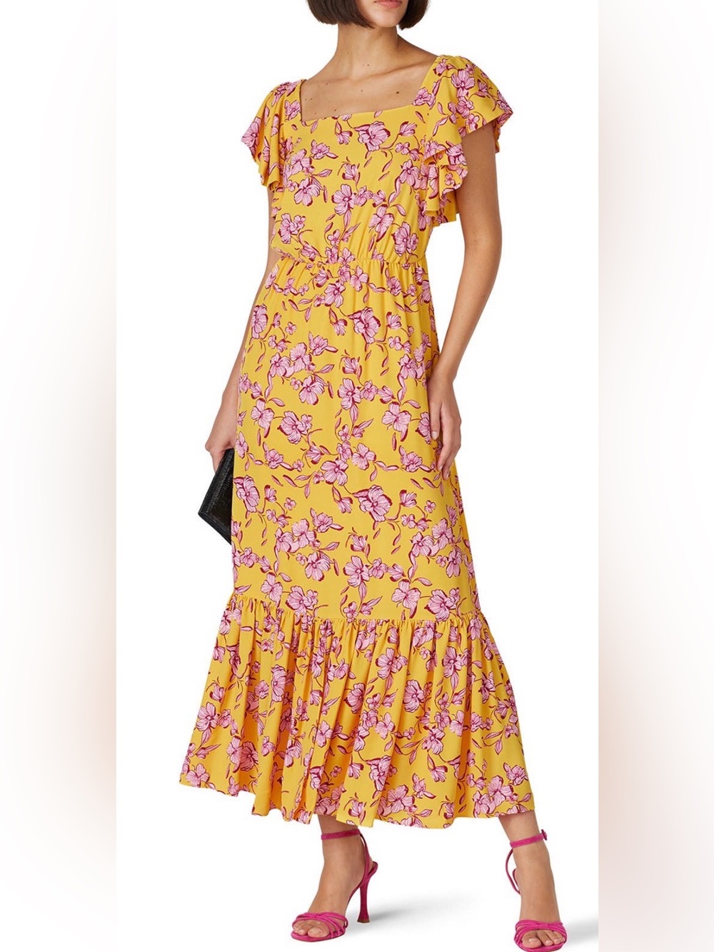 Sachin + Babi Yellow Maxi Dress with Pink Floral Print Size 16